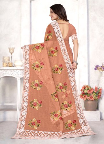 Remarkable Peach Organza Embroidered Classic Designer Saree for Ceremonial