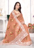 Remarkable Peach Organza Embroidered Classic Designer Saree for Ceremonial - 3