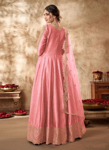 Remarkable Pink Art Silk Embroidered Designer Anarkali Salwar Kameez