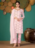 Remarkable Pink Faux Georgette Embroidered Pant Style Suit for Festival - 1
