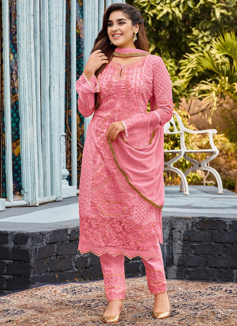 Remarkable Pink Faux Georgette Embroidered Trendy Salwar Suit