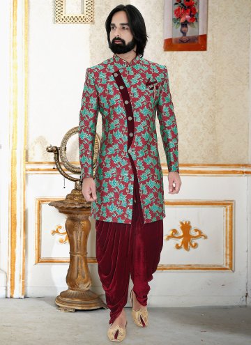 Remarkable Printed Brocade Maroon and Teal Indo We
