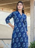 Remarkable Printed Cotton  Blue Party Wear Kurti - 1