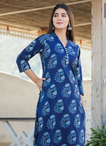 Remarkable Printed Cotton  Blue Party Wear Kurti