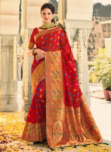 Remarkable Red Silk Woven Trendy Saree for Ceremon