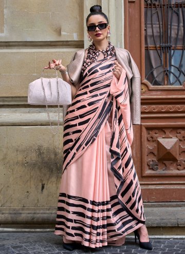 Remarkable Rose Pink Satin Print Designer Saree fo