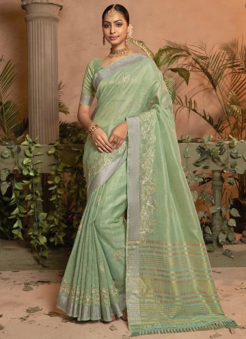 Remarkable Sea Green Cotton Silk Embroidered Classic Designer Saree