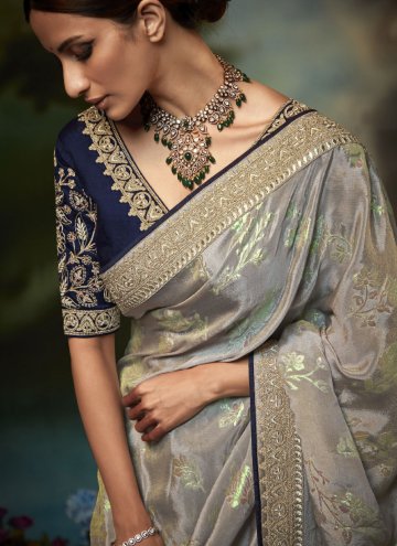 Remarkable Silver Fancy Fabric Fancy work Contemporary Saree
