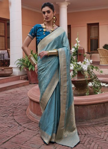 Remarkable Teal Viscose Woven Trendy Saree for Ceremonial