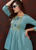 Remarkable Turquoise Cotton  Embroidered Designer Kurti for Casual - 1