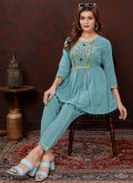 Remarkable Turquoise Cotton  Embroidered Designer Kurti for Casual - 2