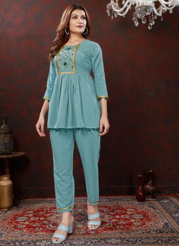 Remarkable Turquoise Cotton  Embroidered Designer 