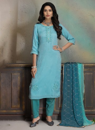 Remarkable Turquoise Silk Embroidered Trendy Salwar Suit for Ceremonial