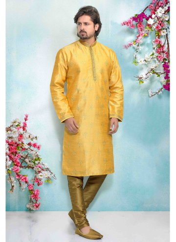 Remarkable Yellow Jacquard Silk Printed Kurta Pyjama for Engagement