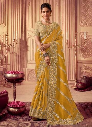 Remarkable Yellow Viscose Embroidered Traditional Saree