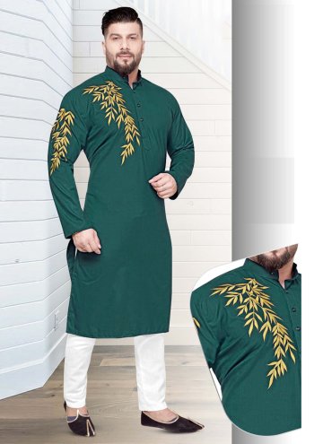 Resham Work Cotton  Green Kurta Pyjama