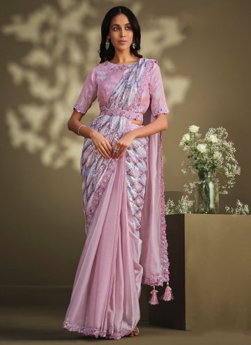 Rose Pink color Crepe Silk Classic Designer Saree with Embroidered