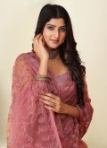 Rose Pink color Embroidered Chinon Designer Saree - 1
