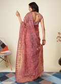 Rose Pink color Embroidered Chinon Designer Saree - 2