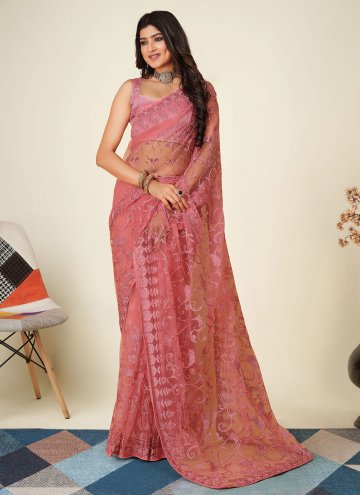 Rose Pink color Embroidered Chinon Designer Saree