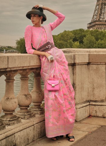 Rose Pink color Organza Designer Saree with Woven