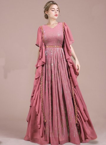 Rose Pink color Sequins Work Georgette Readymade Designer Gown