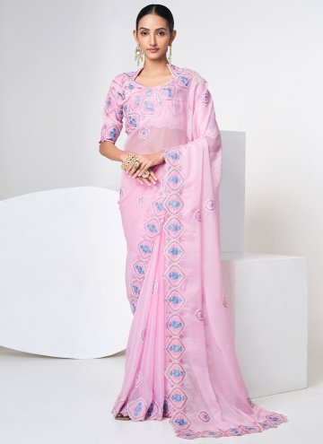 Rose Pink color Sequins Work Organza Classic Designer Saree