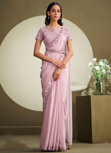 Rose Pink Contemporary Saree in Crepe Silk with Embroidered