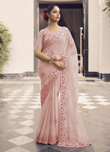 Rose Pink Georgette Embroidered Designer Traditional Saree for Ceremonial