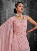 Rose Pink Georgette Mirror Work Straight Salwar Kameez for Engagement - 1