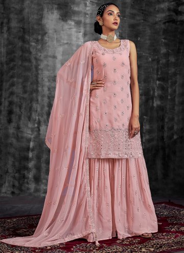 Rose Pink Georgette Mirror Work Straight Salwar Kameez for Engagement