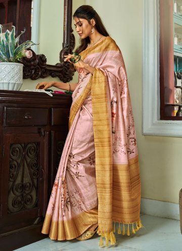 Rose Pink Handloom Silk Floral Print Classic Designer Saree