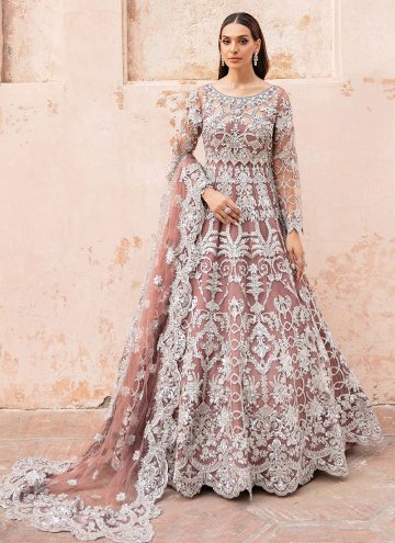 Rose Pink Net Diamond Work Floor Length Trendy Gown for Engagement
