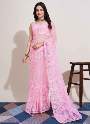 Rose Pink Net Embroidered Classic Designer Saree