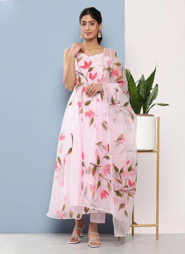 Rose Pink Organza Floral Print Designer Salwar Kam