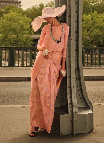 Rose Pink Organza Woven Designer Saree