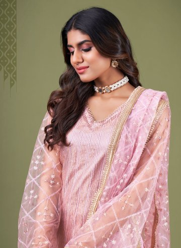 Rose Pink Straight Salwar Kameez in Net with Embroidered
