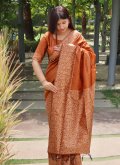 Rust color Raw Silk Classic Designer Saree with Border - 1