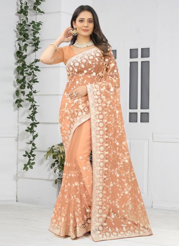 Rust Net Embroidered Classic Designer Saree for Ce