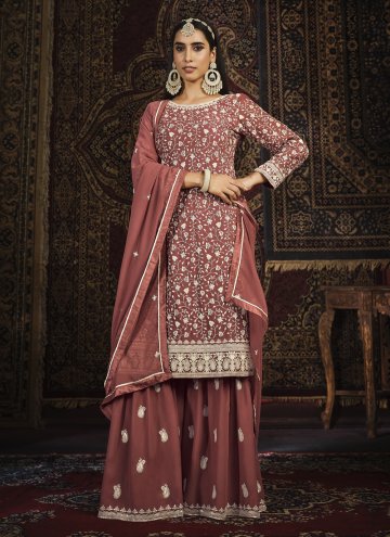 Rust Salwar Suit in Faux Georgette with Embroidered