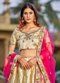 Satin A Line Lehenga Choli in Gold Enhanced with Embroidered - 1