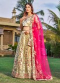 Satin A Line Lehenga Choli in Gold Enhanced with Embroidered - 3