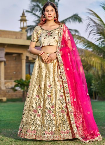 Satin A Line Lehenga Choli in Gold Enhanced with Embroidered