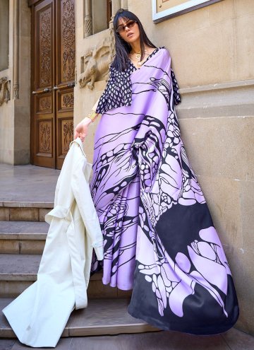 Satin Classic Designer Saree in Black and Lavender Enhanced with Printed