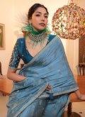 Satin Classic Designer Saree in Blue Enhanced with Embroidered - 1