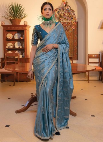 Satin Classic Designer Saree in Blue Enhanced with Embroidered