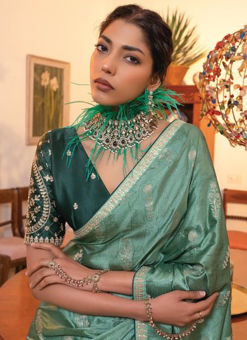 Satin Classic Designer Saree in Green Enhanced with Embroidered