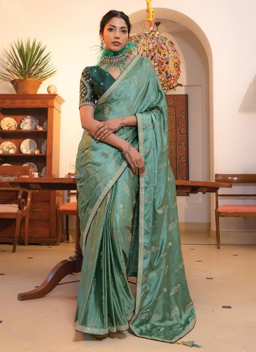 Satin Classic Designer Saree in Green Enhanced wit