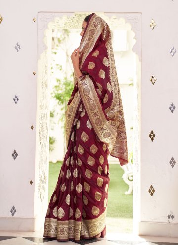 Satin Classic Designer Saree in Maroon Enhanced with Woven