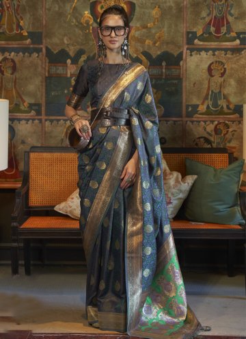 Satin Contemporary Saree in Grey Enhanced with Wov